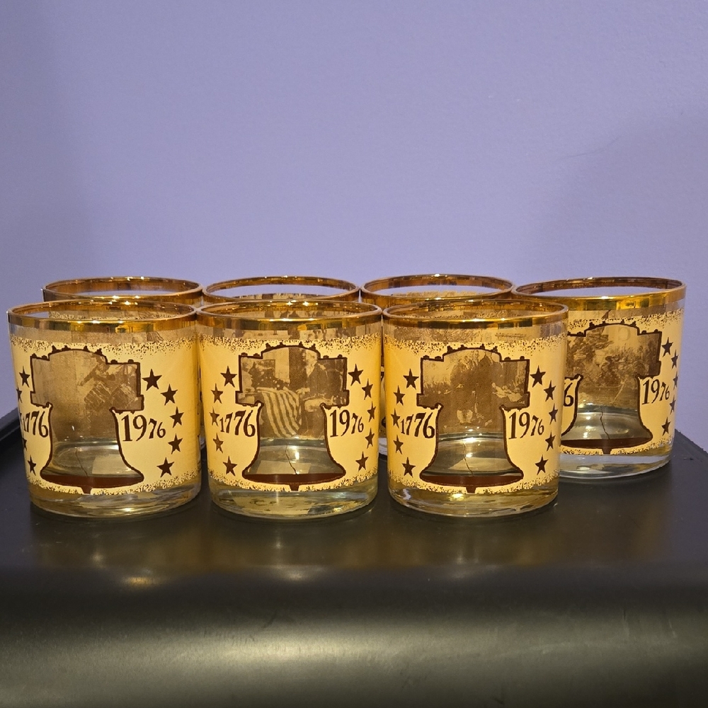 Gold Liberty Bell 1776 Accent Glass Tumblers - Set of 7, 1 Missing